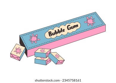 Bubble gum in pack. Retro 80’s or 90’s cute and sweet chewing candies. Y2k trendy sticker, fashion patch, badge, emblem.