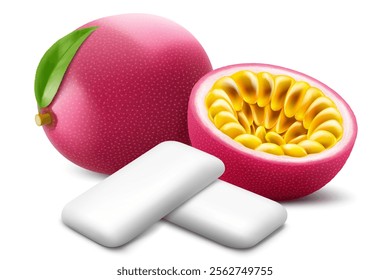 Bubble gum with an passion fruit flavor. Pads of bubble gum spearmint for fresh breathing. Chewing gums for healthy teeth and dental hygiene. Refreshing candy. Realistic 3D vector illustration