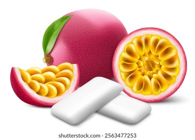 Bubble gum with an passion fruit flavor. Pads of bubble gum spearmint for fresh breathing. Chewing gums for healthy teeth and dental hygiene. Refreshing candy. Realistic 3D vector illustration