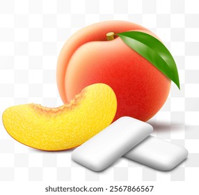 Bubble gum with peach or apricot flavor. Pads of bubble gum spearmint for fresh breathing. Chewing gums for healthy teeth and dental hygiene. Refreshing candy. Realistic 3D vector illustration