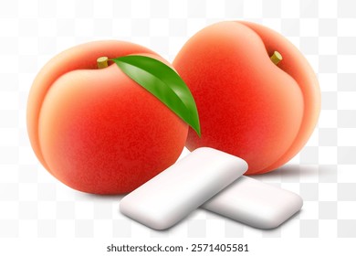 Bubble gum with peach or apricot flavor. Pads of bubble gum spearmint for fresh breathing. Chewing gums for healthy teeth and dental hygiene. Refreshing candy. Realistic 3D vector illustration