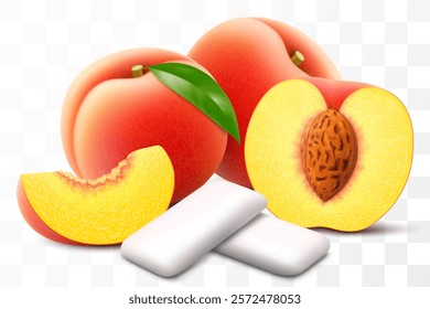 Bubble gum with peach or apricot flavor. Pads of bubble gum spearmint for fresh breathing. Chewing gums for healthy teeth and dental hygiene. Refreshing candy. Realistic 3D vector illustration