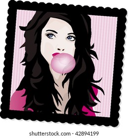 Bubble gum photo frame girl portrait in vector