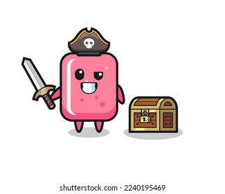 the bubble gum pirate character holding sword beside a treasure box , cute style design for t shirt, sticker, logo element