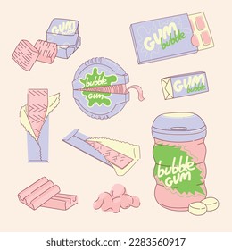 Bubble gum purple packs vector cartoon set isolated on background