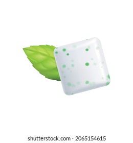 Bubble gum realistic composition with pair of mint chewing gum with fresh leaf vector illustration