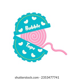 Bubble gum in roll. Classic 80’s or 90’s bubble tape. Retro sweet Chewing Gum. Y2k trendy sticker, fashion patch, badge, emblem.