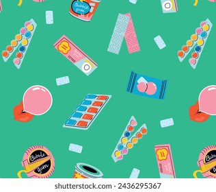 Bubble gum seamless pattern. Chewing candy in stick, pads, bubblegum pack vector illustrations. Background for sweets store packaging.