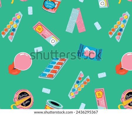 Bubble gum seamless pattern. Chewing candy in stick, pads, bubblegum pack vector illustrations. Background for sweets store packaging.