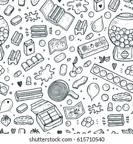 Bubble Gum Seamless pattern. Hand Drawn Doodle Chewing Gums and Candy. Sweets Black and white background. Vector illustration