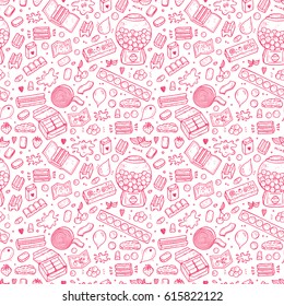 Bubble Gum Seamless pattern. Hand Drawn Doodle Chewing Gums and Candy. Sweets Pink background. Vector illustration