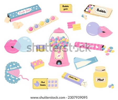 Bubble gum set. Cartoon chewing candy. Different chewing gum, roll, tape, pads, balls in packaging or blisters. Yummy dragee. 90s nostalgia. 