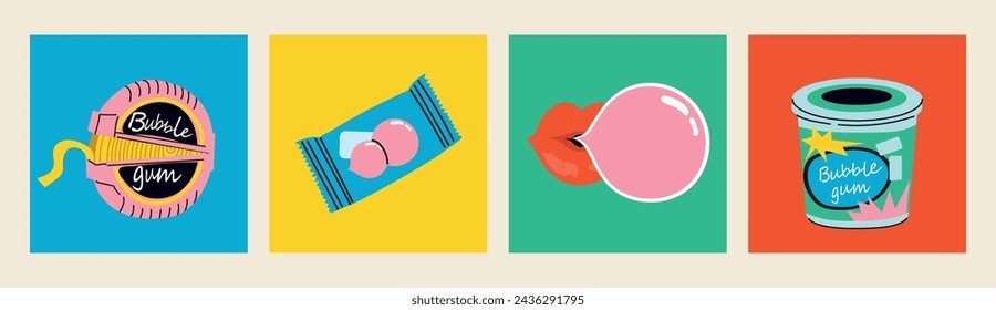 Bubble gum set. Set of four isolated Hand drawn modern vector illustrations.Various gum package set candies in roll, balls, pillows, sticks. Lips with pop ballon. 