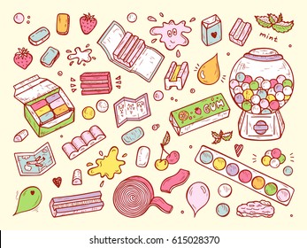 Bubble Gum Set. Hand Drawn Doodle Chewing Gums and Candy. Sweets. Vector illustration