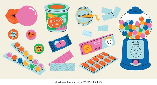 Bubble gum set. Various gum package set  candies in roll, balls, pillows, sticks. Lips with pop ballon. Cartoon style in vibrant colors. Vector illustration.