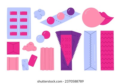Bubble gum set. Various sweet chewing candy: balls, sticks, pads, plates, gummy candies. Oral hygiene concept.  Bubblegum collection. Vector illustration in cartoon style. Isolated white background.	
