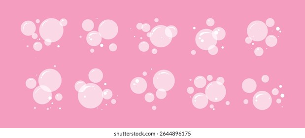 Bubble gum, soap water suds, cartoon foam drop icon. Baby bath, carbonated air. Baby shower pattern, wash balloon. Shampoo or soda cloud drink. Transparent fizzy effect on pink bg. Vector illustration