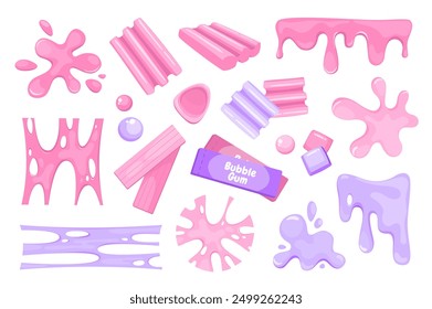 Bubble gum spritzt Mega-Set-Elemente im flachen Grafikdesign. Bündeln Sie Objekte aus rosa und lila kauigen süßen Bonbons, Gelee Flecken, Schleim Streifen, Gummi und klebrige dehnbare Formen. Vektorgrafik.