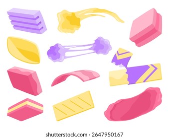 Bubble gum splashes set. Cartoon chewy sweet candies. Stains and sticky stretchy forms. Children bubblegum. Vector illustration