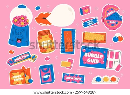 Bubble gum sticker set. Chewing candy. Colorful pads. Chewy balls and sticks in packaging or blisters. Flat vector illustration isolated.