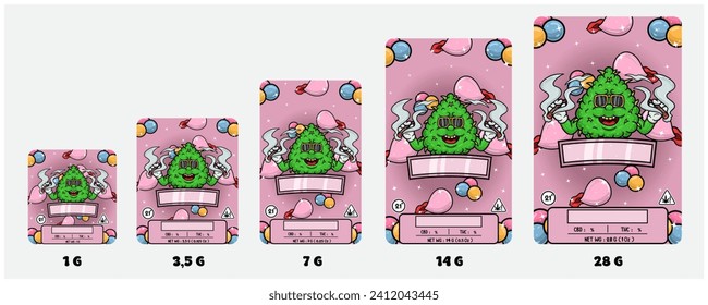 Bubble Gum Strains and Weed Bud With Smoking Mascot Cartoon. Product Packaging Cover Set With 1G, 3,5G , 7G, 14G and 28G. Scalable Size Without Losing the Quality and Well Organized Layers. Vectors.