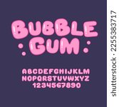 Bubble gum sweet font. Cute candy alphabet. Pink letters and numbers from 0 to 9.