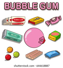 Bubble gum vector cartoon set isolated on white background. Woman lips with gum.