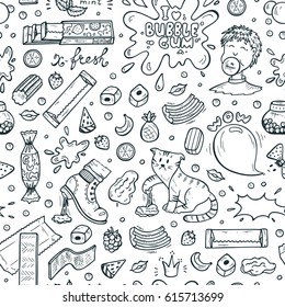 Bubble Gum Vector Seamless pattern. Hand Drawn Doodle Chewing Gums and Candy. Sweets Black and white background