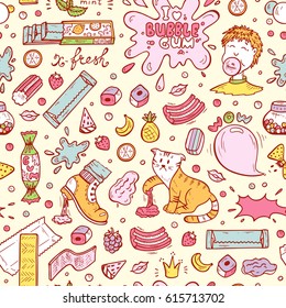 Bubble Gum Vector Seamless pattern. Hand Drawn Doodle Chewing Gums and Candy. Sweets Colorful background 