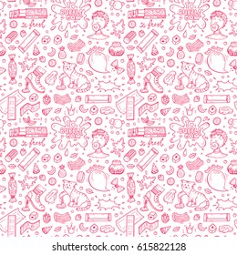 Bubble Gum Vector Seamless pattern. Hand Drawn Doodle Chewing Gums and Candy. Sweets Pink background