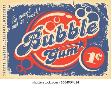 Bubble gums vintage paper poster design layout. Retro candy store advertisement for chewing gum. Vector promo leaflet. 