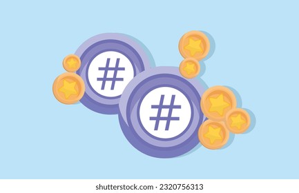 Burbuja con hashtag y monedas flotantes. Noticias financieras. Promoción en el concepto de medios sociales.
