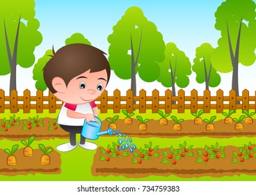 a bubble head boy cartoon water the plant in the garden,surround with fresh and green nature,vector illustration