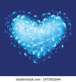 Bubble heart, blue soap background, vector