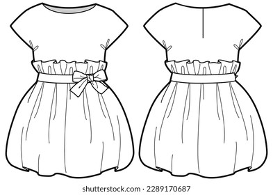 Bubble hem girls dress design flat sketch fashion illustration vector template with front and back view,  Toddler baby girl paper bag waist balloon hem frock dress