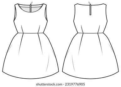 Bubble hem girls dress design flat sketch fashion illustration vector template with front and back view,  Toddler baby girl paper bag waist balloon hem frock dress