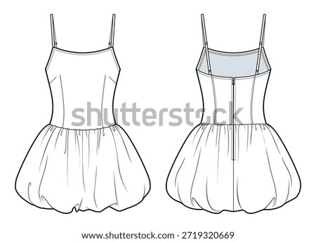 Bubble Hem Mini Dress Technical Fashion Illustration. Sleeveless Fit-and-Flare Dress with Spaghetti Straps and Voluminous Skirt. Front and Back Views. Women’s Wear. CAD Mockup Set.