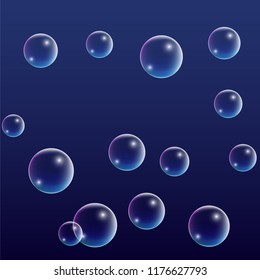 Bubble with Hologram Reflection. Set of Realistic Water or Soap Bubbles for Your Design. Soap Bubbles with Rainbow Reflection.Shampoo or Foam Cosmetic Flyer and Invite.  Isolated Vector Illustration.