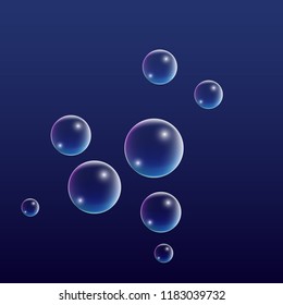 Bubble with Hologram Reflection. Set of Realistic Water or Soap Bubbles for Your Design. Soap Bubbles with Rainbow Reflection.Shampoo or Foam Cosmetic Flyer and Invite.  Isolated Vector Illustration.