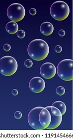 Bubble with Hologram Reflection. Set of Realistic Water or Soap Bubbles for Your Design. Soap Bubbles with Rainbow Reflection.Shampoo or Foam Cosmetic Flyer and Invite.  Isolated Vector Illustration.