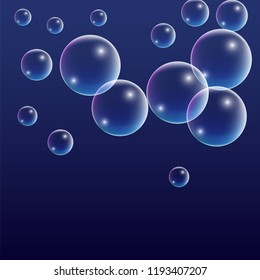 Bubble with Hologram Reflection. Set of Realistic Water or Soap Bubbles for Your Design. Soap Bubbles with Rainbow Reflection.Shampoo or Foam Cosmetic Flyer and Invite.  Isolated Vector Illustration.
