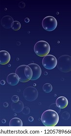 Bubble with Hologram Reflection. Set of Realistic Water or Soap Bubbles for Your Design. Soap Bubbles with Rainbow Reflection.Shampoo or Foam Cosmetic Flyer and Invite.  Isolated Vector Illustration.