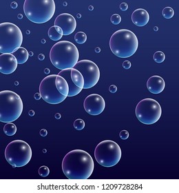 Bubble with Hologram Reflection. Set of Realistic Water or Soap Bubbles for Your Design. Soap Bubbles with Rainbow Reflection.Shampoo or Foam Cosmetic Flyer and Invite.  Isolated Vector Illustration.