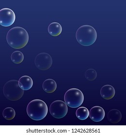 Bubble with Hologram Reflection. Set of Realistic Water or Soap Bubbles for Your Design. Soap Bubbles with Rainbow Reflection.Shampoo or Foam Cosmetic Flyer and Invite.  Isolated Vector Illustration.