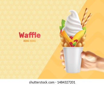 Bubble hong kong waffle in hand realistic composition with editable text and human hand holding can vector illustration