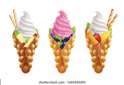 Bubble hong kong waffles with fruits realistic set of isolated ice-cream images with different toppings vector illustration