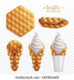 Bubble hong kong waffles realistic set of isolated images on transparent background with cream and text vector illustration