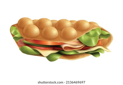 Bubble hong kong waffles realistic composition with isolated image of waffle sandwich with ham and lettuce vector illustration
