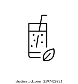Bubble or ice tea with leaf in glass with straw. Pixel perfect, editable stroke vector icon