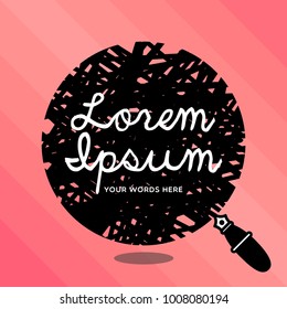 Bubble icon in black with classic fountain pen on light pink background with lorem ipsum word or place your own words instead.